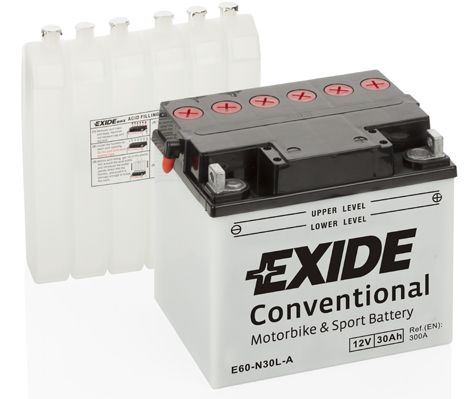 EXIDE Motobaterie Conventional 12V 30Ah 300A, 185x128x168mm, nabité, antisulf., náplň v balení